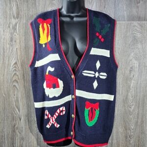 Vintage 90s Leslie Fay Christmas Sampler Sweater Vest Holiday Novelty Knit‎ Med